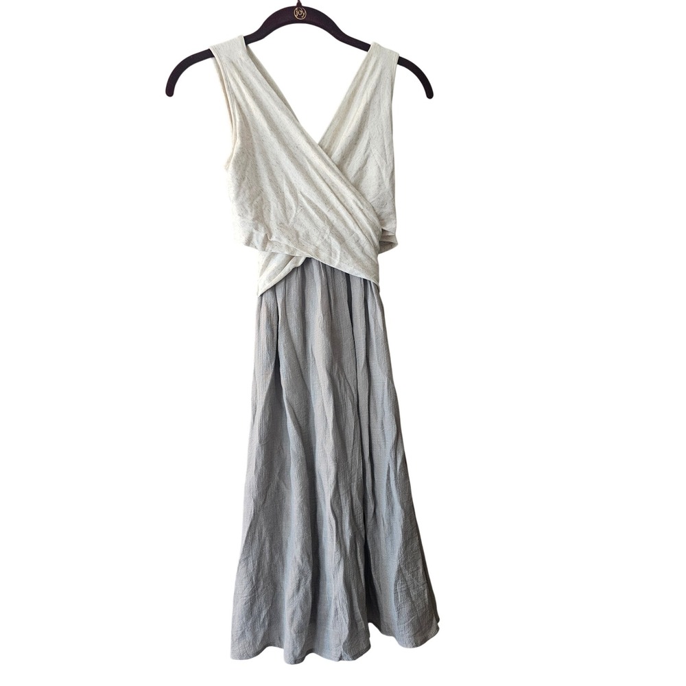 Amadi Lola Midi Dress Womens XS Grey Cream Surplice Linen Blend Sleeveless Boho - Picture 2 of 9